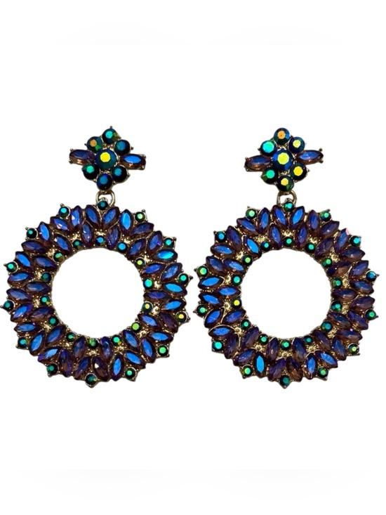 Jewelry - Blue Crystal Rhinestone Flower Leaf Round Stud Earrings